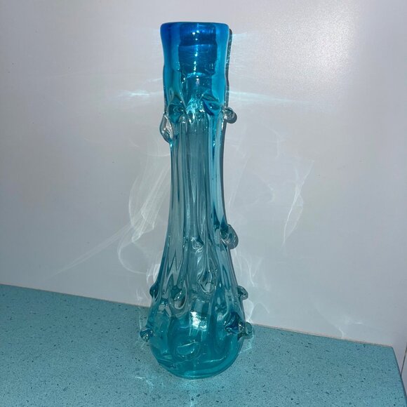 L E Smith Vintage MCM Hobnail Stretch Peacock Blue Art Glass Vase Decor - Picture 6 of 8